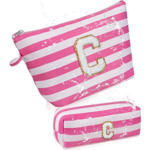 Initial Makeup Bag Personalized Stripe Cosmetic Bag Cute Waterproof Travel Toiletry Bag Birthday Gifts for 10 11 12 13 14 15 16 Years Old Teen Girl Gift Trendy Stuff (Pink C)