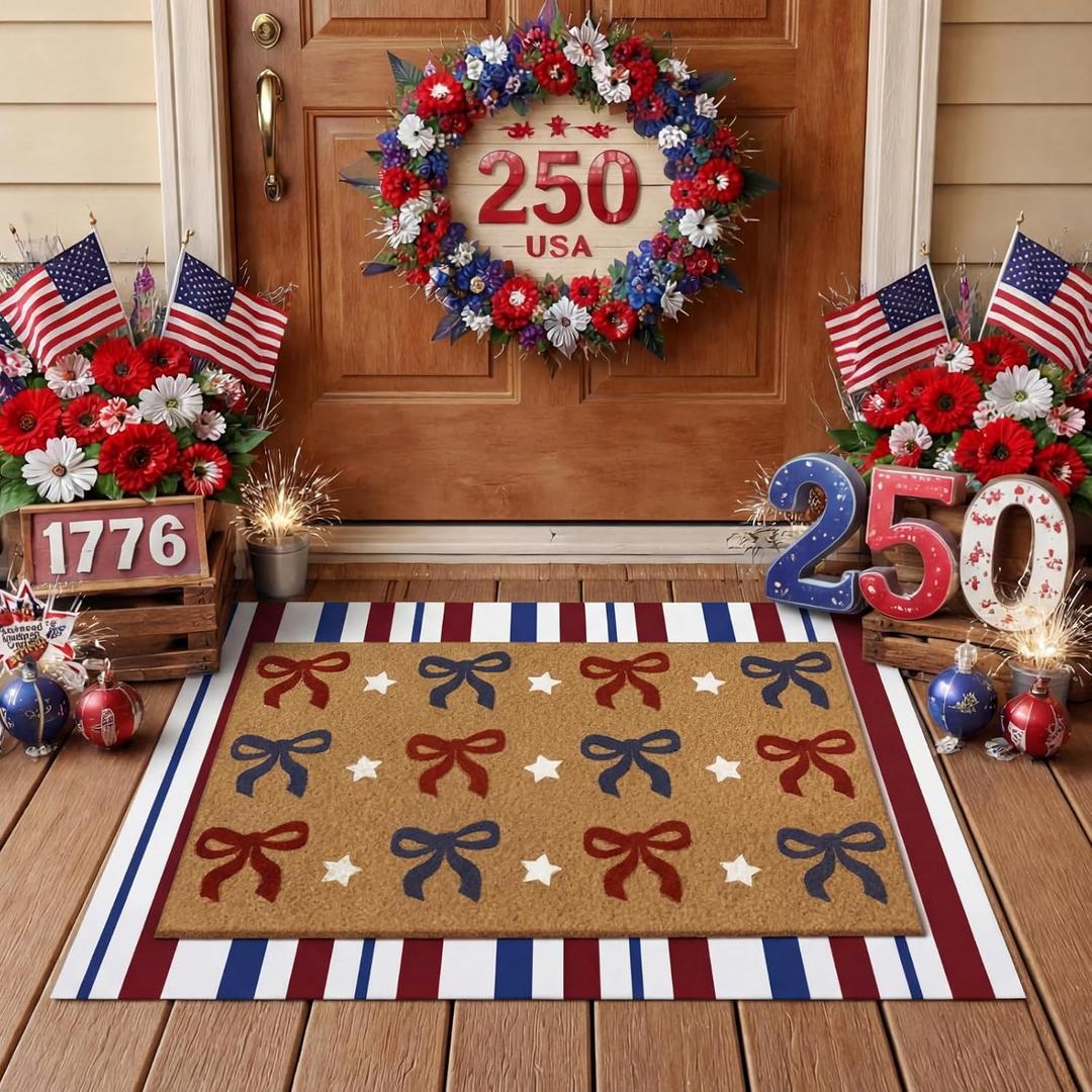Tinideya 2 Pcs Independence Day Door Mat Patriotic Welcome Non Slip Coir Mats 4th of July Bow Star Floor Layering Doormats Seasonal for Front Porch Entryway Decor 23.6 x 35.4 Inches, Bow, Red Blue White