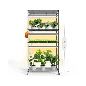 Bstrip Plant Shelf with Grow Light with Timer, Tall Plant Stand with Adjustable Rack and Wheels, 6 Pack T5 3FT Full Spectrum Grow Lights for Indoor Plants, Seed Starting, Seed Tray, 35.4"x13.8"x70.8