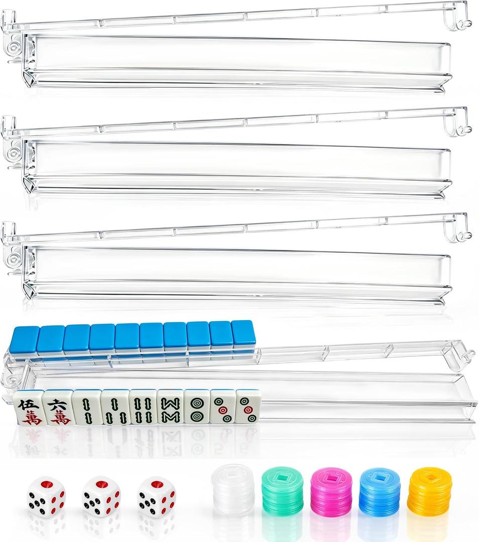 Clear Mahjong Racks with Pushers Set of 4 American Mahjong Tile Racks with Mahjong Dice & Colored Chips Acrylic Mahjong Rack and Pusher Gift-Ready Mahjong Beginners (Clear)