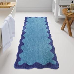 Uphome Bathroom Runner Rug, 24x60 Large Absorbent Cute Blue Bath Mat Non Slip Washable, Soft Scalloped Irregular Plush Microfiber Bath Runner for Floor, Bathtub, Sink