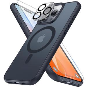 2 x Magnetic Shockproof for iPhone 16 Pro Case with Screen Protectors & Camera Cover, [Compatible with MagSafe] [Military-Grade Drop Protection], Translucent Slim Cute Phone Case, Black