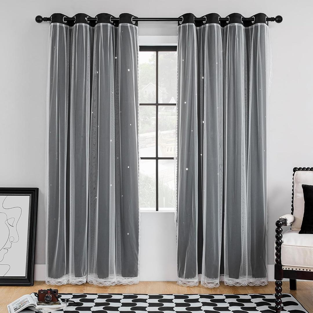 XiDi Black Out Curtains for Bedroom, Curtains for Girls Bedroom Decor, Unicorn Curtains for Kids Room, Black and White Curtains for Living Room 96 inchs Long 52 inches Wide 2 Panel Black