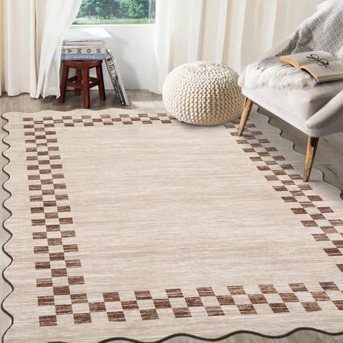 GarveeHome Washable Rug 5x7 for Living Room Large Bedroom Scalloped Rug Non Slip Stain Resistant Modern Border Throw Carpet Soft Boho Rug for Dining Room Nursery Home Office, Beige : Home & Kitchen