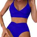 High Waisted Womens Swimsuits Tummy Control Sexy High Cut Bikini Set 2 Piece Modest Longline Supportive Swim Top Bathing Suit V Cut Bottom Cross Front Teens Hot Pink Royal Blue Size M