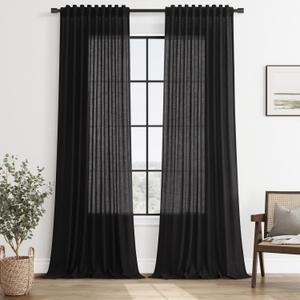 SMABU Black Linen Curtains 90 Inches Long for Living Room 2 Panels Set, Dark Flax Textured Drapes, Back Tab Rod Pocket Light Filtering Semi Sheer, Modern Gothic Curtain for Bedroom Dining, 52X90