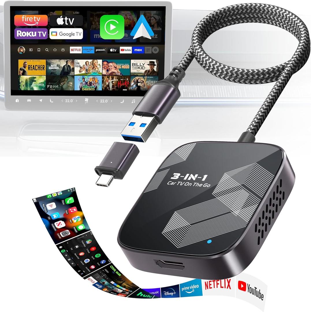 3-in-1 Wireless CarPlay Adapter 2026, Android Auto & Car Play Converter with HDMI Input for Fire TV Stick, Screen Mirroring & Streaming for Netflix/YouTube, Metal&Glass Case, Fit for 2016+ Cars -Grey