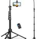 Phone Tripod Stand with Gooseneck and Remote, 85" Tall Tripod for iPhone Adjustable, Overhead Phone Stand for Recording/Watching/Cooking/Fitness/Vlog, Compatible with iPhone Android, Digital Camera (Black)