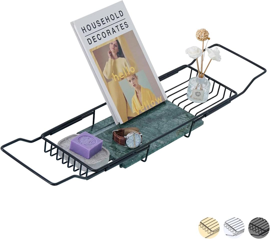 MARBBNEST Bathtub Tray Caddy for Luxury Bath Expandable Extra Wide Bath Tub Tray with Natural Marble Tray and Mobile/Tablet Stand, Ideal for Home Spa Lovers, (Black + India Green)