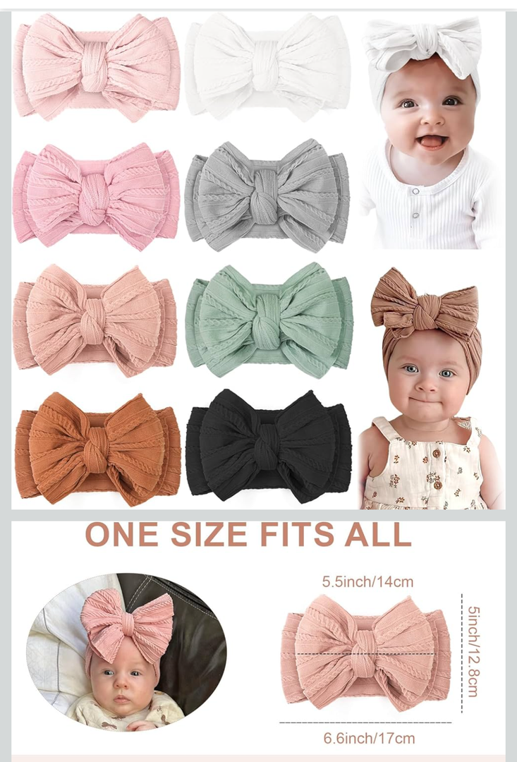 CÉLLOT 8 Pcs Super Stretchy Soft Handmade Headbands with Double Bows Head Wrap Nylon Hair Accessories For Newborn Babies Girls Infants Toddlers