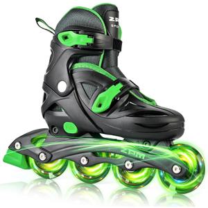 2PM SPORTS Inline Skates for Kids Girls Boys Ages 4-8 6-12 with Light Up Wheels, Adjustable Kids Roller Skates Blades for Youths Beginners (Black & Green), L 37-40