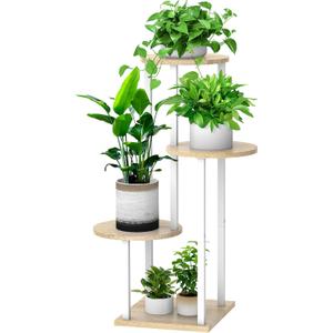 4 Tier Wood Tall Plant Stand Metal Rack Indoor, Multiple Flower Pot Holder Shelves Corner Rack, Round Planter Shelf Display Rack Storage Organizer for Patio Living Room Balcony(White+Oak)