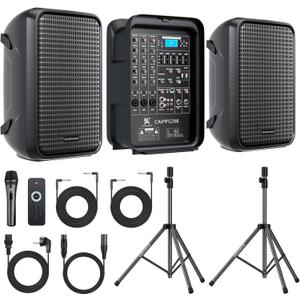 All-in-One 2-Way PA Speaker System DJ Mixer Bundle,300W 8-Channel Mixer Bluetooth, Amplifier Kit with 8" Subwoofer and 1" Horn Tweeter,USB,2 Speaker Stands, Mic