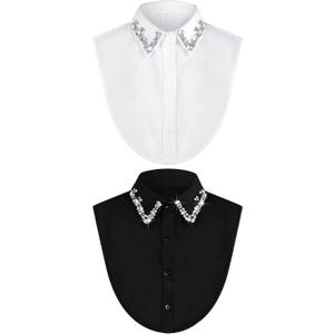 Bencailor 2 Pcs Rhinestone Fake Collar Dickey for Women False Half Shirt Blouse Detachable Collar (Large, White,black)