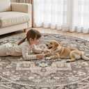 8ft Round Vintage Living Room Area Rug - 8x8 Large Soft Washable Oriental Traditional Distressed Farmhouse Rugs for Bedroom - Indoor Floor Accent Carpet for Home Office House Decor - Brown