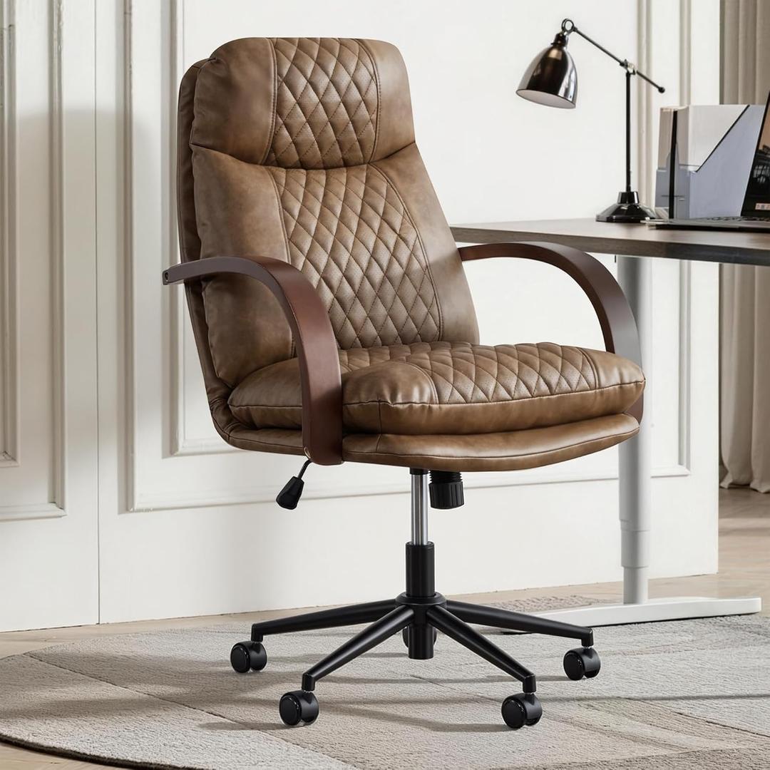 KISLOT Home Office Desk Chair, Ergonomic Office Chair with Lumbar Support, Adjustable Swivel Computer Chair with Wheels, Faux Leather Executive Task Chair with Wood Arms, Brown, Set of 1