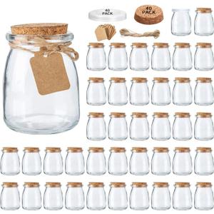 Glass Mini Yogurt Jars 40 Pack, 7 oz Favor Jars With Cork Lids, Pudding Containers, Mason Wedding Favors Honey Pot With Label Tags and String
