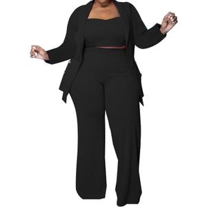 Plus Size 3 Piece Sweatsuits for Women - Crop Top Blazer Jacket and Wide Leg Long Pant Suits Jumpsuit Romper Set Black 3X