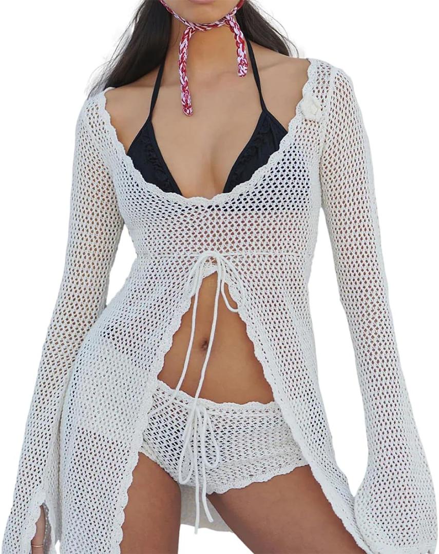 Women Crochet Tunic Beach Cover Up Sexy Front Slit Tie Waist Bikini Bathing Suit Long Sleeve Knit Top Cover Ups (Small, White)