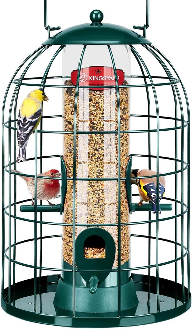 Kingsyard Caged Bird Feeder for Outdoor Hanging - Upgraded Metal Bird Feeder for Small Birds, Detachable Tube Feeder with 4 Feeding Ports & Perches, Easy to Clean & Refill, Green