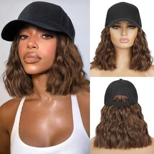 HANYUDIE Hat Wig for Women Wig Cap with Curly Hair Extensions Hat with Hair Wave Adjustable Baseball Cap Wigs (Chocolate brown)