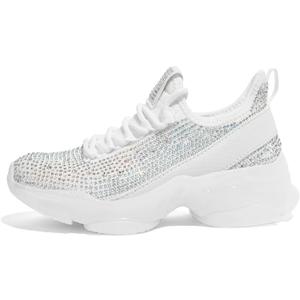 LUCKY STEP Girls Rhinestone Slip On Sneakers Kids Sparkly Lightweight Tennis School Knit Jelly Sole Glitter Walking Shoes Toddler(White Rhinestone, Little Kid 12)