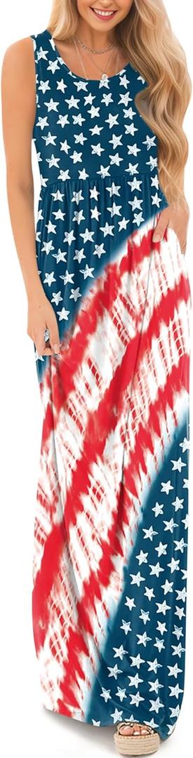 Women 4th of July Red White Blue Maxi American Flag Sundresses Retro Star Stripe with Pockets Dresses Stripes Stars Medium
