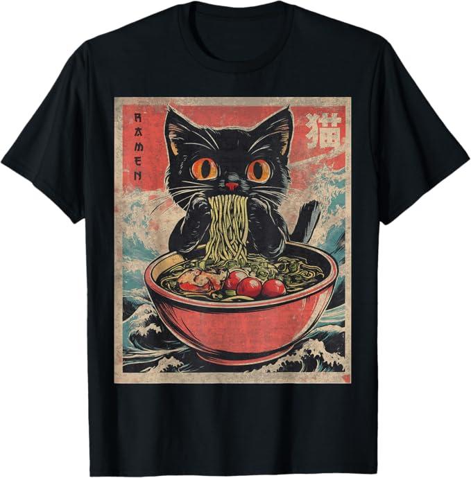 Anime Shirt For Men Women Kids Cat Ramen Noodles Unisex Anime Cat Ramen Japanese Funny Graphic Tees Kawaii Cat Anime Gifts TShirt Black S