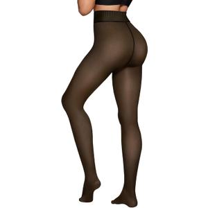 X-CHENG Fleece Lined Tights Sheer Women - Fake Translucent Warm Pantyhose Leggings Sheer Thick Tights for Winter (Invisible One Line Crotch-black)