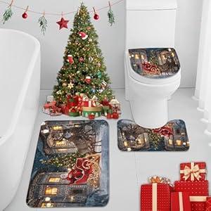 ArtSocket Christmas Bathroom Rugs and Mats Sets 3 Piece, Santa Claus Christmas Sleigh Bathroom Rugs Non Slip, Winter Absorbent Microfiber Memory Foam Bath Mat Machine Washable Floor Mats