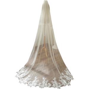 Chapel Length Sequin Lace Floral Wedding Bridal Veil with Comb (Chapel length: 98.4inch(250cm), White)