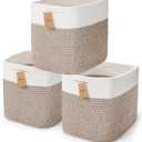 3Pack Cube Storage Bins,Square Storage Baskets for Christmas Decorative,Foldable Trunk organizer for Car,11Inch Durable Cotton Rope Woven Storage Basket for Organizing-Brown Basket for Shelves,Camping (3PCS-White+Brown)