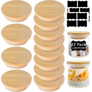 Oui Yogurt Jar Lids - 12 pack Oui Lids - Natural Bamboo Wood with Silicone Sealing Rings and Oui Yogurt Bottle Label,For 5 Oz Oui Yogurt Jars