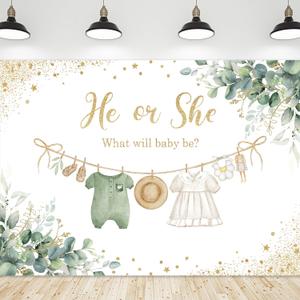 Riyidecor Green Gender Reveal Backdrop He or She What Will Baby Be 7Wx5H Feet Boho Sage Eucalyptus Watercolor Leaves Gold Dots Photography Background Baby Shower Photo Studio Shoot Polyester Fabric (7Wx5H, Sage Green Gender Reveal)