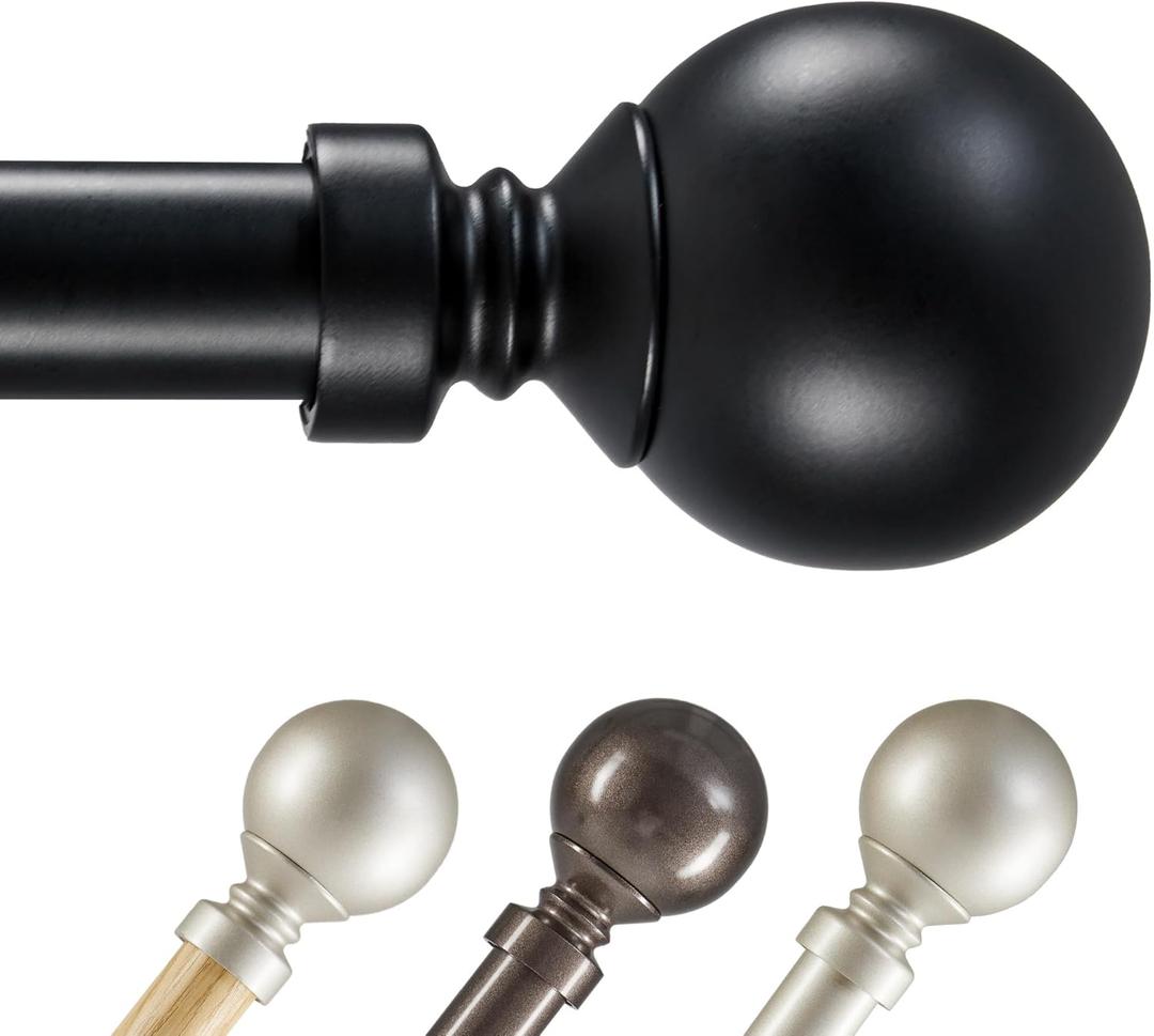 Deconovo Heavy-Duty Black Curtain Rod with Round Ball, Adjustable 48-84 Inch Decorative Window Rod, 1 Inch Metal Tube for Curtains, Drapes & Blackout Panels, Easy Installation, Elegant Finials (Black Rods)