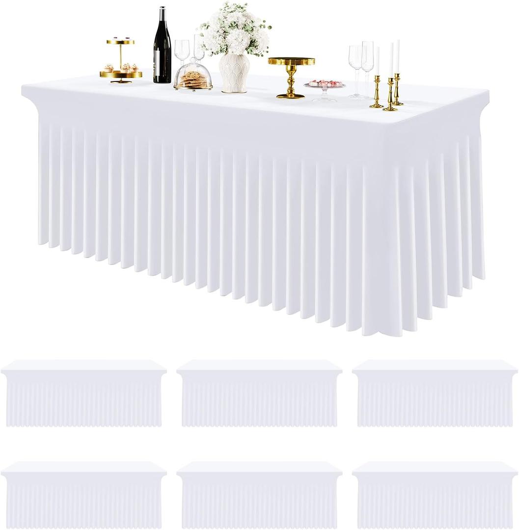 Smiry Spandex Tablecloth 6 Pack, Elastic Fitted Stretch Tablecloth for 4FT Rectangle Tables, Waterproof Washable Table Cover Skirt for Wedding, Banquet & Parties (White, 48Lx30Wx30H Inch)