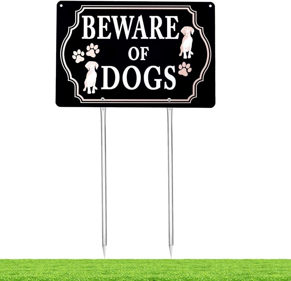 Kichwit Beware of Dogs Sign with Stakes, Aluminum, All Metal Construction, 11.8 x 7.9 Inches, Metal Stakes Included
