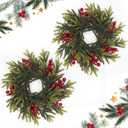 2 Pack Christmas Candle Rings Wreaths, 11.6 Inch Artificial Pine Spruce with Red Berries  Farmhouse Christmas Candle Rings for Pillar Candles, Holiday Table Centerpieces, Winter Wedding & Home Decor