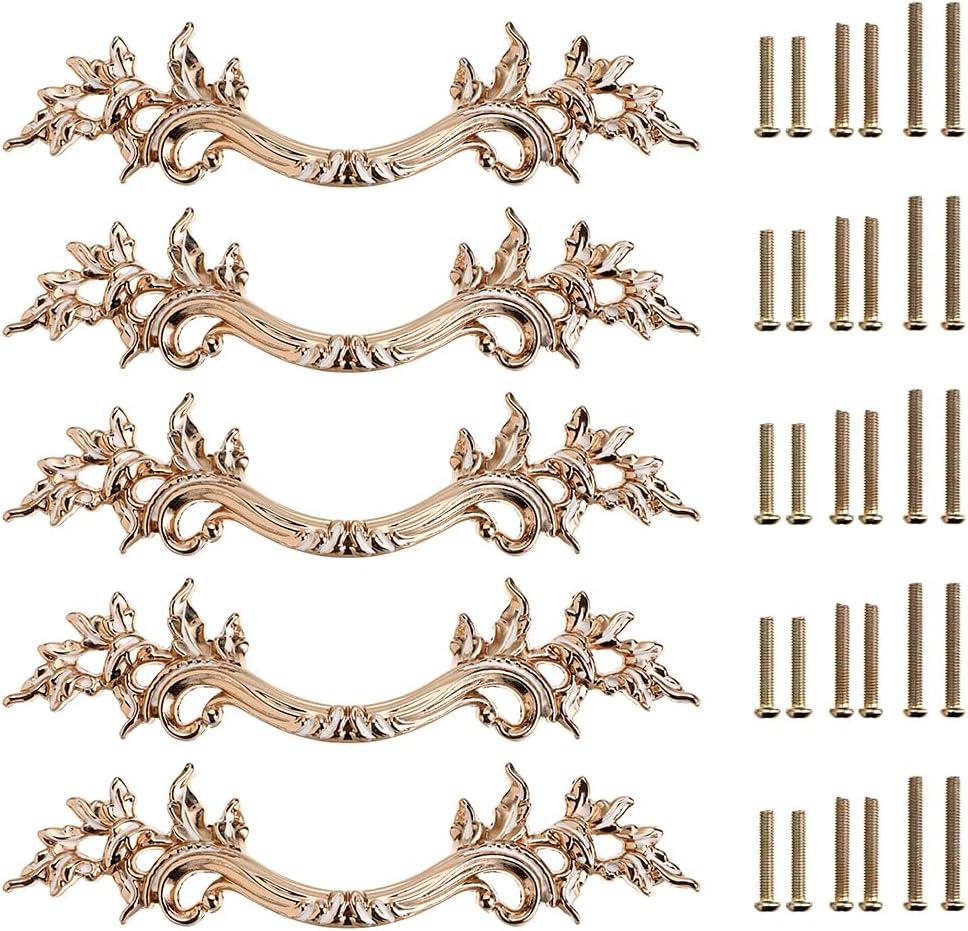 JUXYES Pack of 5 European Style Vintage Cabinet Handles Pulls, Antique Decorative Dresser Drawer Pulls Retro Drawer Pull Handles Knobs for Cupboard Cabinet (Golden)