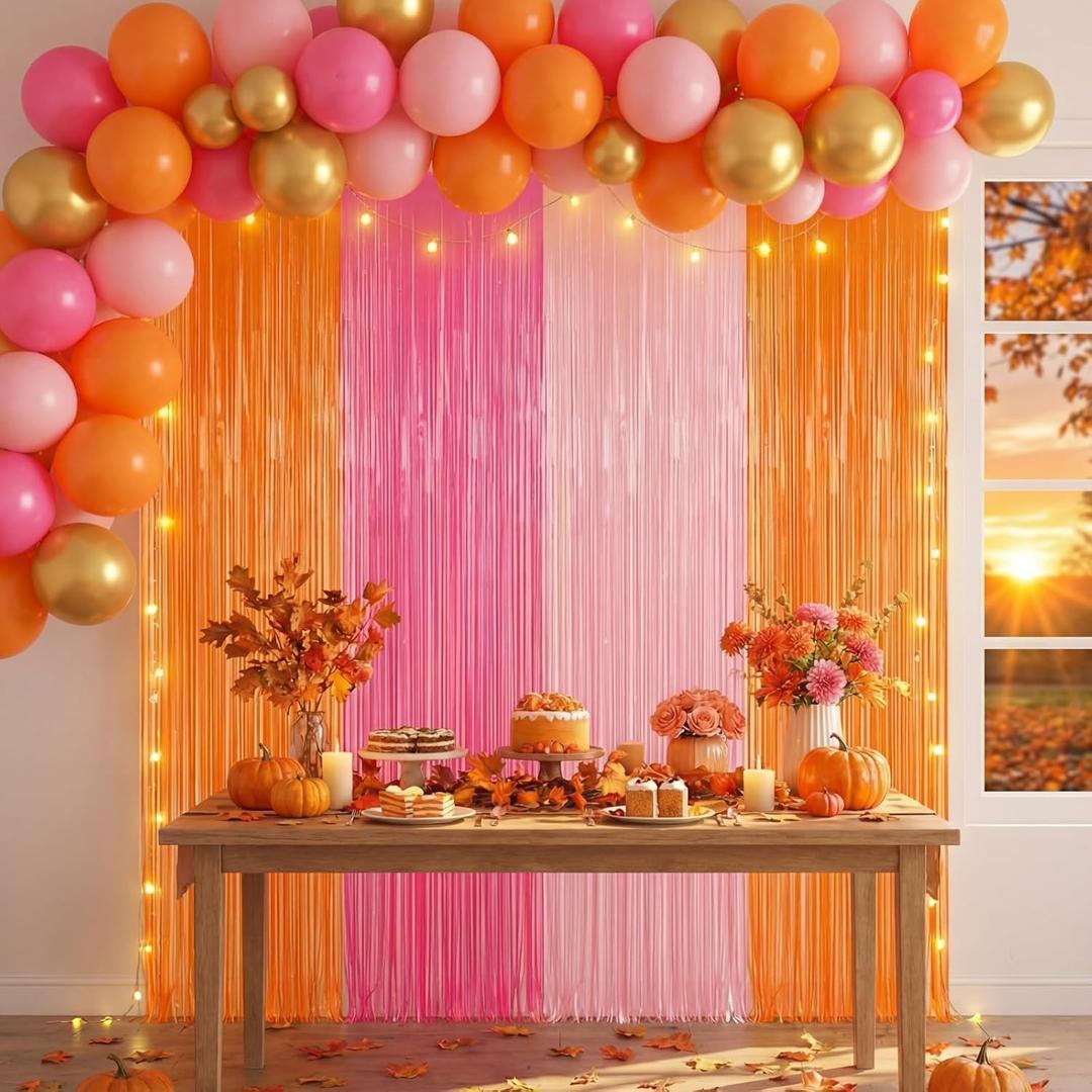Frienda 4Pcs Sunset Party Decorations 6.6Ft Fringe Curtains Party Decorations Pink and Orange Backdrop Curtains for Sunset Autumn Thanksgiving Bridal Wedding Graduation Backdrop Decor, 3.3 X 6.55 Ft