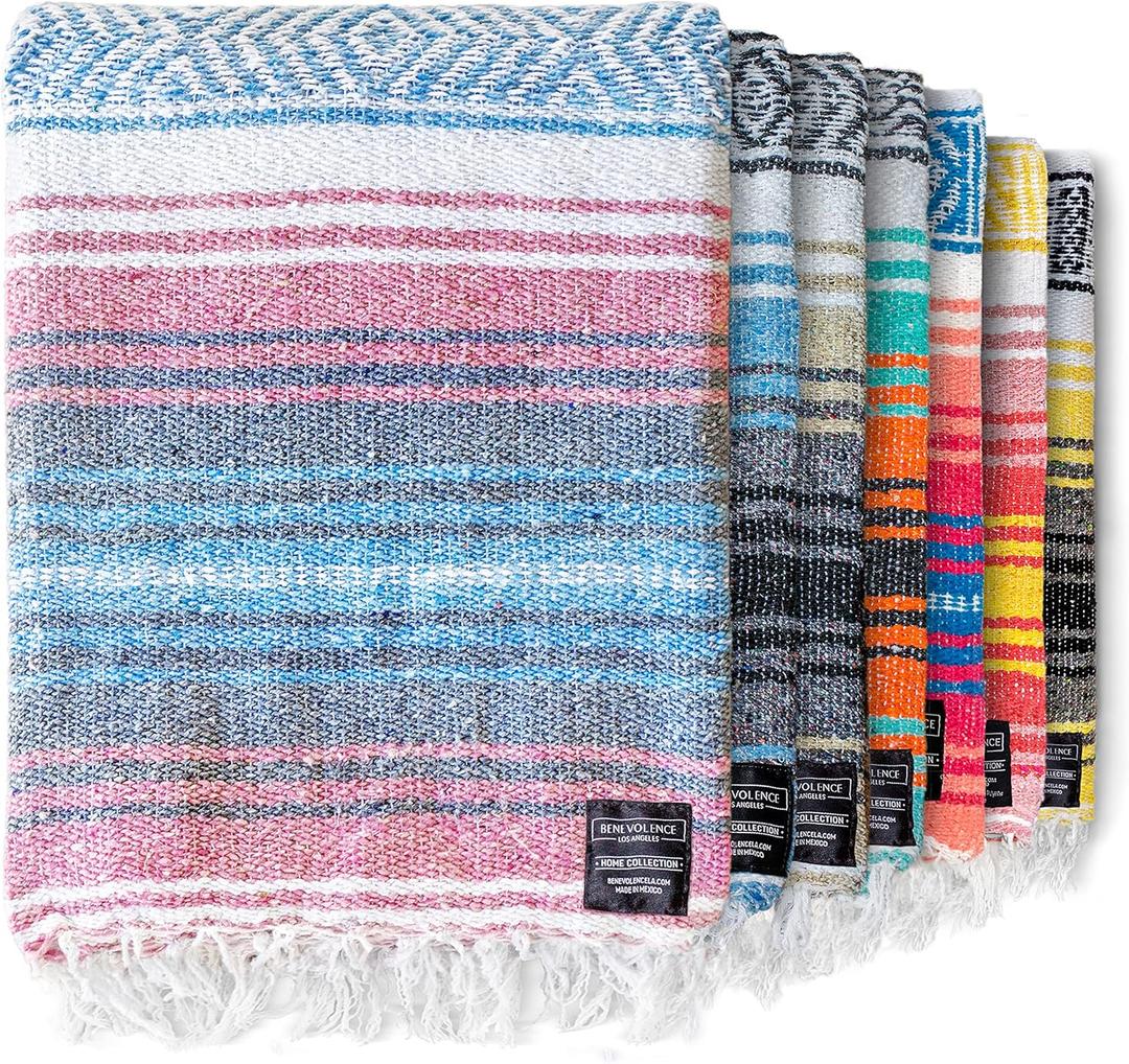 Benevolence LA Authentic Handwoven Mexican Blanket | Yoga Blankets, Outdoor, Picnic, Beach, Camping | Equestrian Saddle | Serape 50x70 inches - Azure, Pack of 1