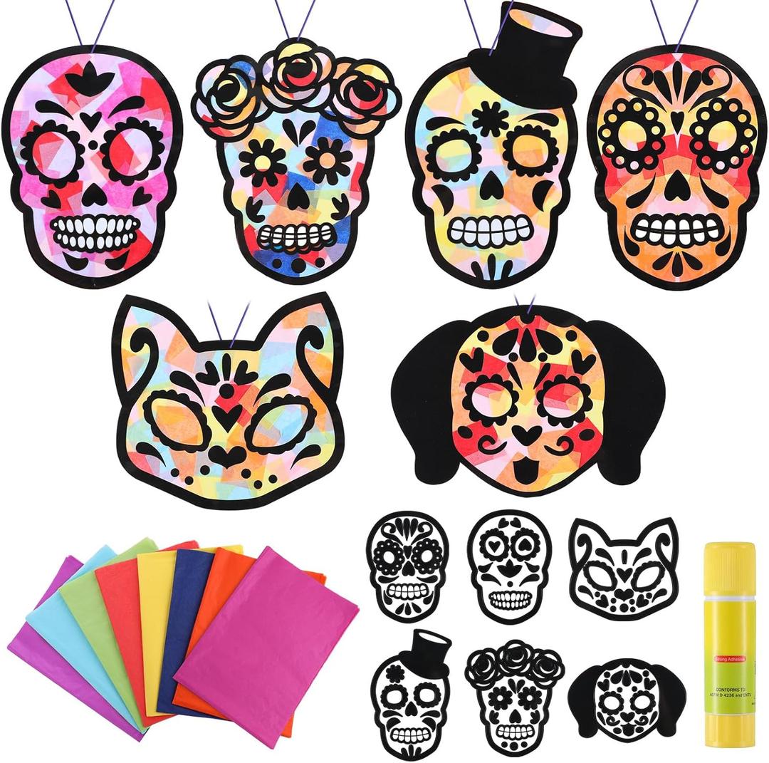Wovnet 30 Sets Day of The Dead Crafts for Kids Skull Tissue Paper Sign Crafts Kit DIY Sugar Dia De Los Muertos Tissue Paper Bulk for Halloween Mexican Home Classroom Decorations Party Supplies