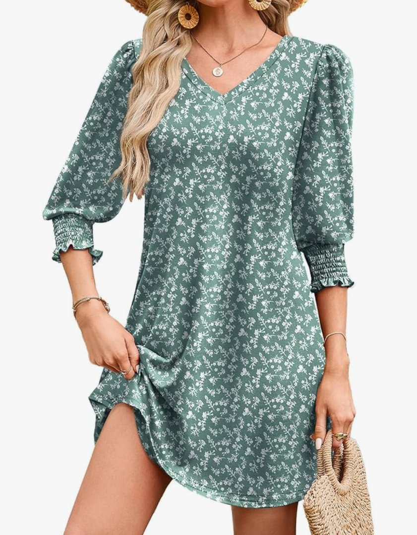 WIHOLL Women's Summer Dresses 3/4 Puff Sleeve Casual Sundress Dress with Pockets Beach Vacation 2025 Fashion M