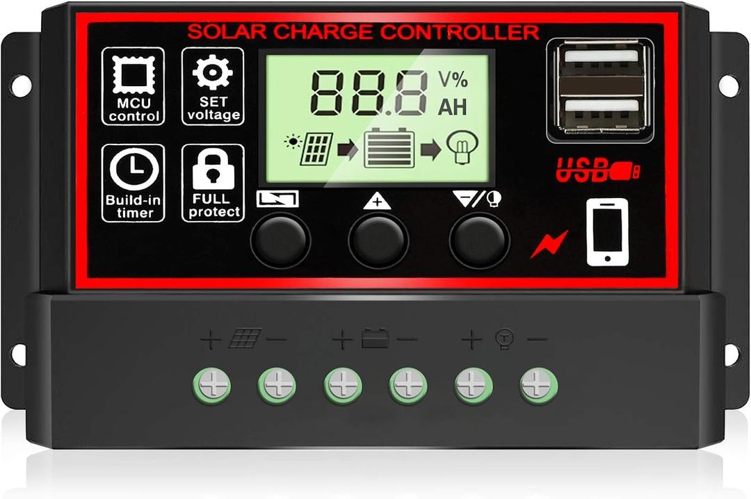 [Upgraded] 30A Solar Charge Controller, Black Solar Panel Battery Intelligent Regulator with Dual USB Port 12V/24V PWM Auto Paremeter Adjustable LCD Display (30a)
