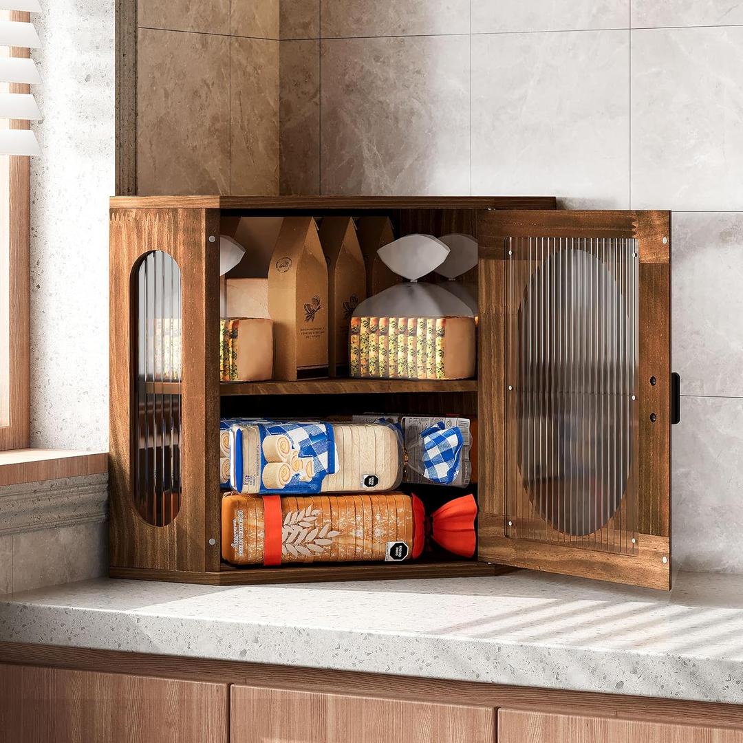 Corner Bread Box, Solid Wood Double Layer Adjustable Large Capacity, Farmhouse Vintage Kitchen Countertop Organizer with Acrylic Window, Retro Brown