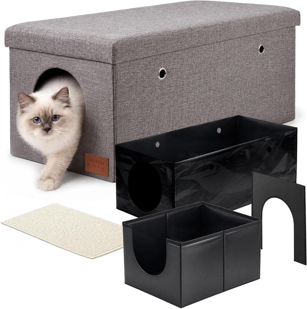 Cat Litter Box Enclosure Set with Foldable Pan & Removable Liner