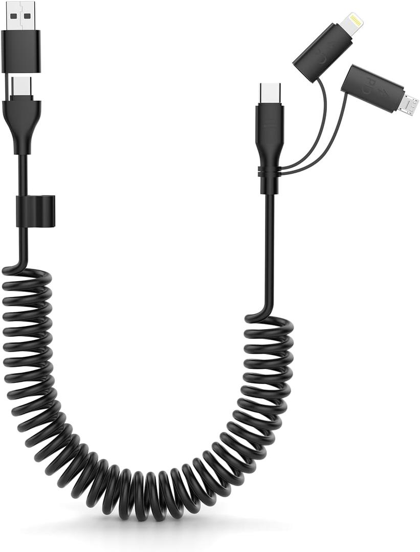 Coiled USB-C and Lightning Cable 3-in-1, 3FT iPhone 15 16 Car Charger Cord, 60W Fast Charging Cable for iPhone 16, Micro USB Universal Cable for Galaxy/iphpone Supports Apple CarPlay & Android Auto