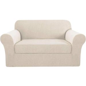 H.VERSAILTEX Stretch Sofa Covers 2 Piece for 2 Cushion Couch Covers Sofa Slipcovers Furniture Covers Suit for T Cushion/Box Cushion Feature Deluxe Textured Jacquard - Loveseat, Ivory