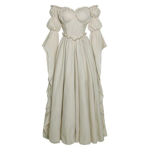Vibsion Medieval Renaissance Dress Renaissance Faire Costume for Women Victorian Gothic Witch Wedding Dresses L/XL Beige