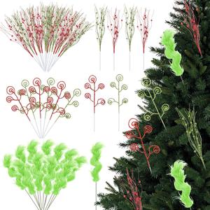 24 Pcs Christmas Tree Picks Set Furry Lime Green Curly Picks Stems Red Green Artificial Glitter Curly Berry Candy Sprays Ornaments Stems for Xmas Tree Topper Home Vase Fillers Decorations